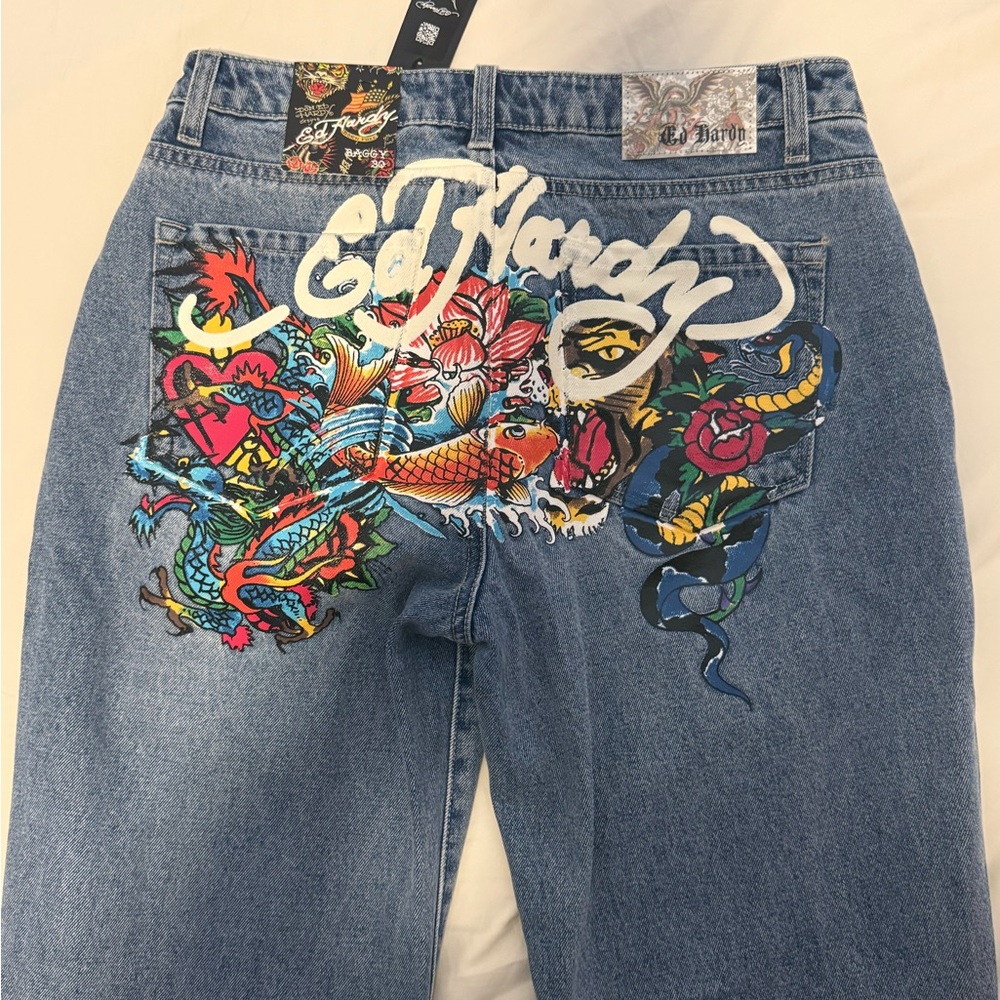 NWT Ed Hardy Heart Dragon Tiger Rose Baggy Light Wash Jeans Size 30